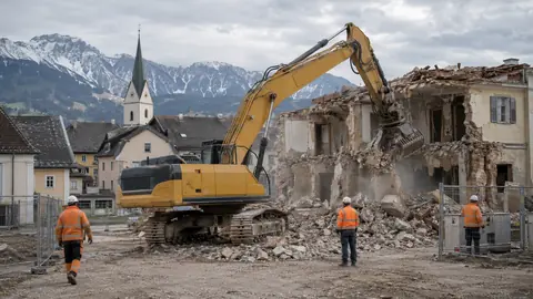 Sinnbild Abrissunternehmen — KI-generiert, zeigt nicht Rieder Bau- gesellschaft m.b.H. & Co. KG.