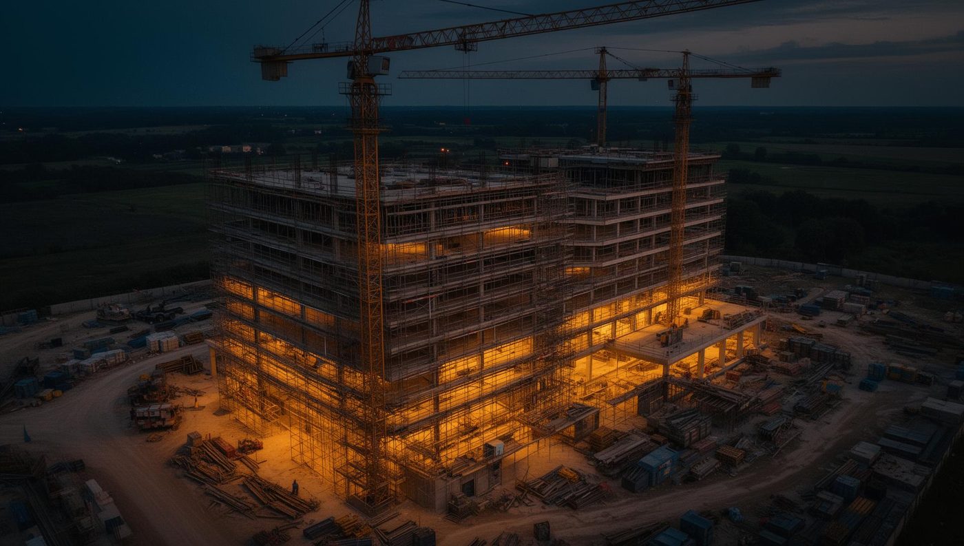 Baustelle in Österreich in der Abenddämmerung